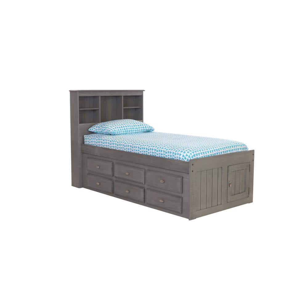 Charcoal Gray Twin Wood Captain's Bed with Storage and Bookcase
