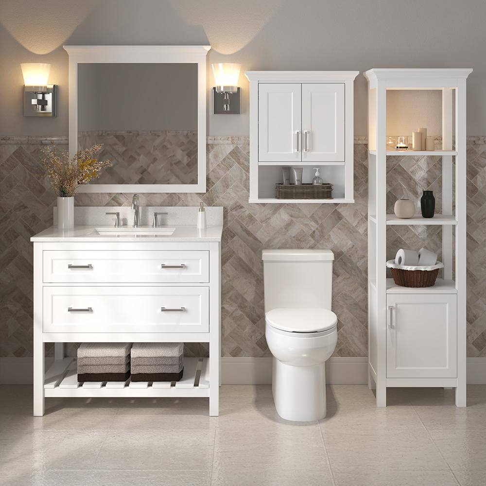 Transitional White Linen Cabinet with Chrome Hardware and Adjustable Shelving