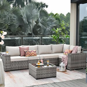 Marvel Gray 6-Piece Wicker Wide Arm Patio Conversation Set with Beige Cushions