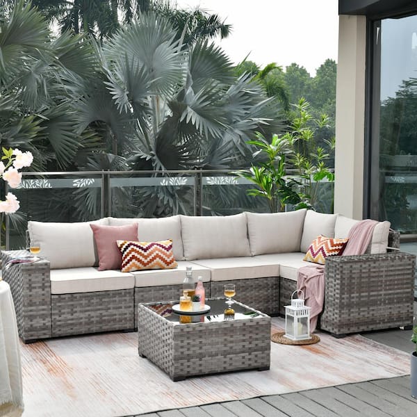 OVIOS Marvel Gray 6-Piece Wicker Wide Arm Patio Conversation Set with Beige Cushions