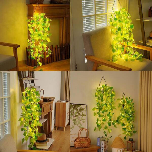 3.35 in. Artificial 41in Green Ivy Vine Hanging Plant with LED String Lights  Faux Pothos Planter for Home Decor 2 Pack 59C1124D1248 - The Home Depot