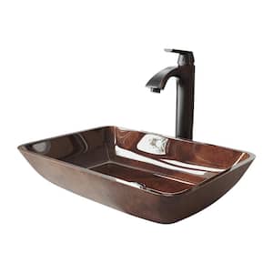 Glass Rectangular Vessel Bathroom Sink in Red/Brown Fusion with Linus Faucet and Pop-Up Drain in Antique Rubbed Bronze