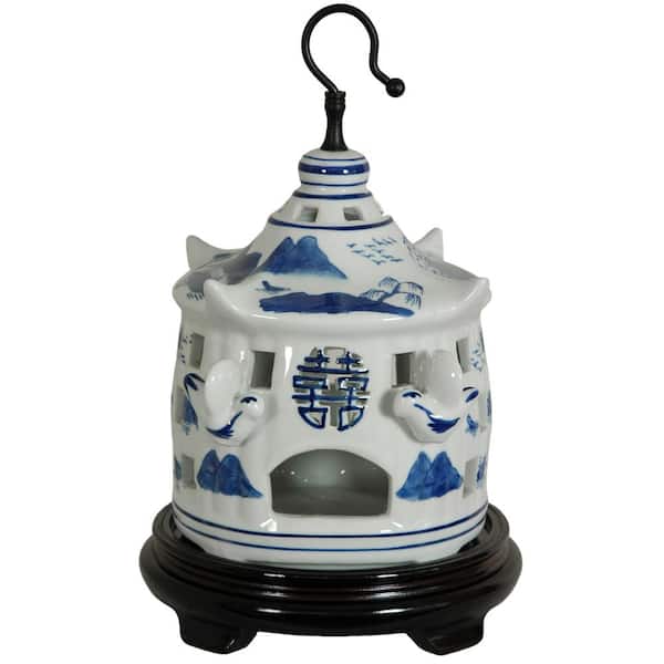 Oriental Furniture Oriental Furniture 11 in. Landscape Blue and White Porcelain Bird Cage