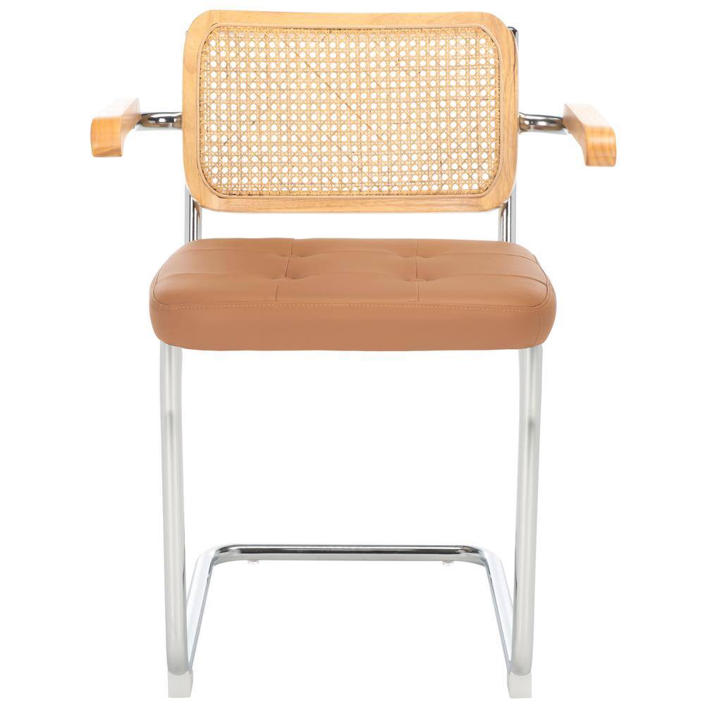 Cognac Faux Leather and Natural Rattan Arm Chair with Chrome Legs