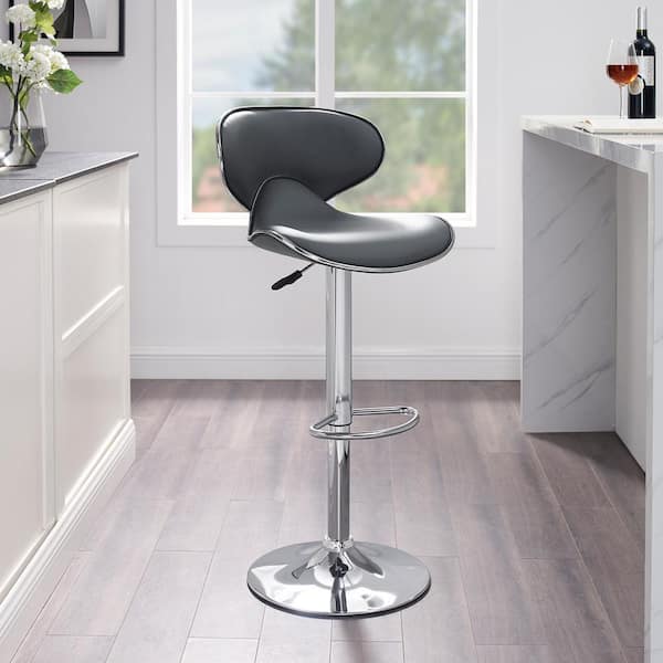 Bao Adjustable 41.88 in. H Gray and Chrome Low Back Metal Bar Stool with Faux Leather Seat