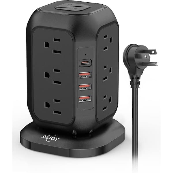 Etokfoks 10 ft. Extension Cord Power Strip with 1 USB C Port, AiJoy Surge Protector with 12 AC Outlet and 3 USB Ports, Black