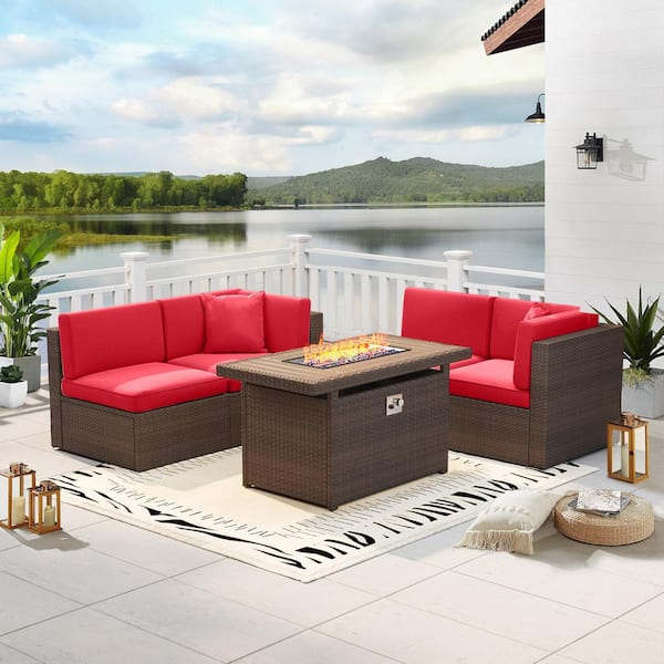 Sizzim 5-Piece Fire Pit Patio Sets Wicker Patio Conversation Set With Fire Pit Table Red Cushions