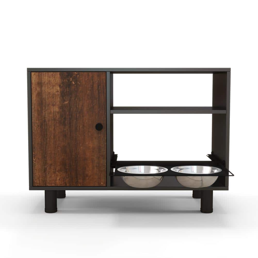Wooden Dog Feeding Station, Dog Food Storage Cabinet with Stainless Steel Double Pull Out Raised Dog Bowls in Black price history on PriceWatchPro