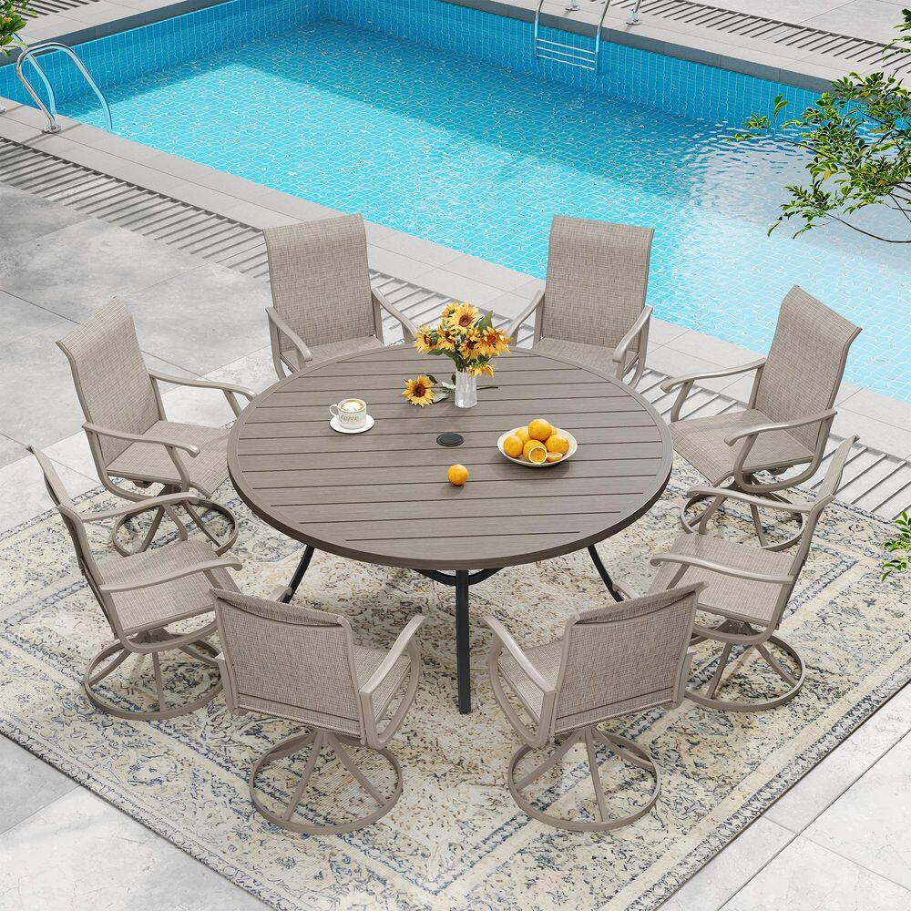 All Weather 9-Piece Metal Patio Dining Set with 60 in. Gray Wood-Like Round Table and 8 Sandshell Swivel Dining Chairs price history on PriceWatchPro