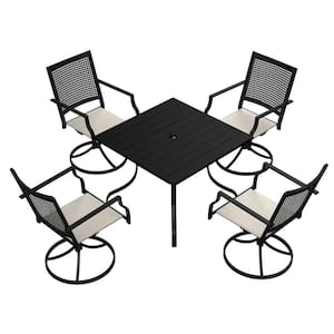 5-Piece Metal Outdoor Dining Set Square Table with Umbrella Hole Swivel Dining Chairs with Beige Cushions