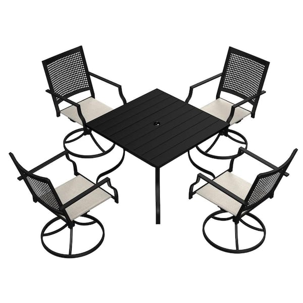 Mondawe 5-Piece Metal Outdoor Dining Set Square Table with Umbrella Hole Swivel Dining Chairs with Beige Cushions
