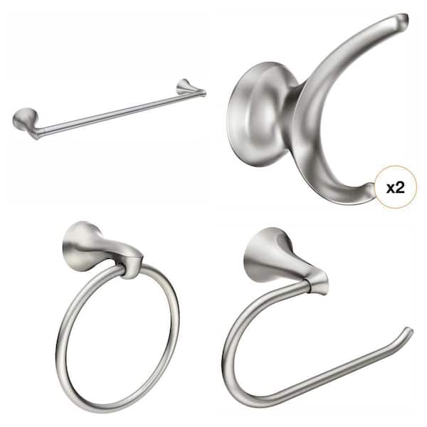 Darcy Brushed Nickel Bath Hardware Set: 24 in. Towel Bar, Robe Hook, Toilet Paper Holder, Towel Ring