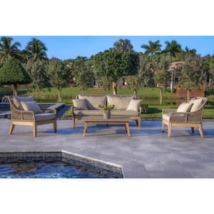 Solana 4-Piece Patio Outdoor and Backyard Wood, Aluminum and Rope Conversation Set in Grey
