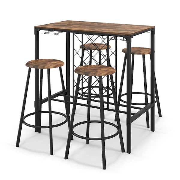 Costway 5PCS Bar Table and Stools Set Industrial Bistro Set with Wine Rack and Glass Holder