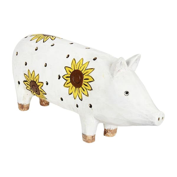 Exhart 12 in. x 5.5 in. White Pig with Sunflowers Garden Statue