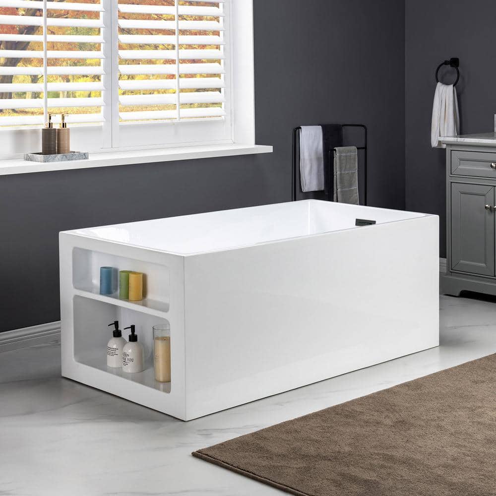 59'' White Acrylic Freestanding Rectangular Soaking Bathtub