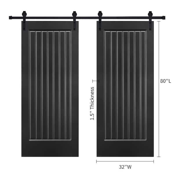AIOPOP HOME Double Modern Five Panel 32 in. x 80 in. MDF Black Barn Sliding Door With Hardware kit