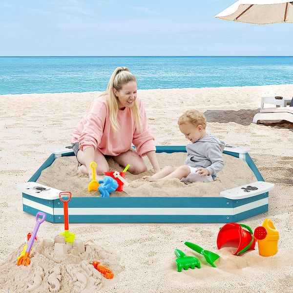 Outdoor Wooden Sandbox with Animal Patterns Seats Backyard Bottomless Sandpit
