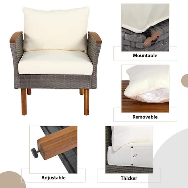 9-Piece Patio Wicker Outdoor Sectional Set with Acacia Wood Legs and Coffee Table, Washable Beige Cushion