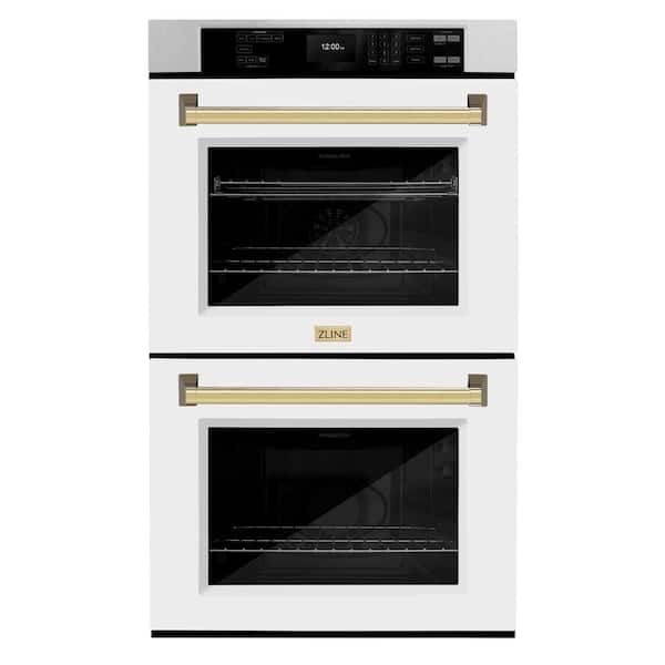 ZLINE Kitchen and Bath Autograph Edition 30 in. Electric Double Wall Oven in Fingerprint Resistant Stainless Steel, White Matte, Polished Gold
