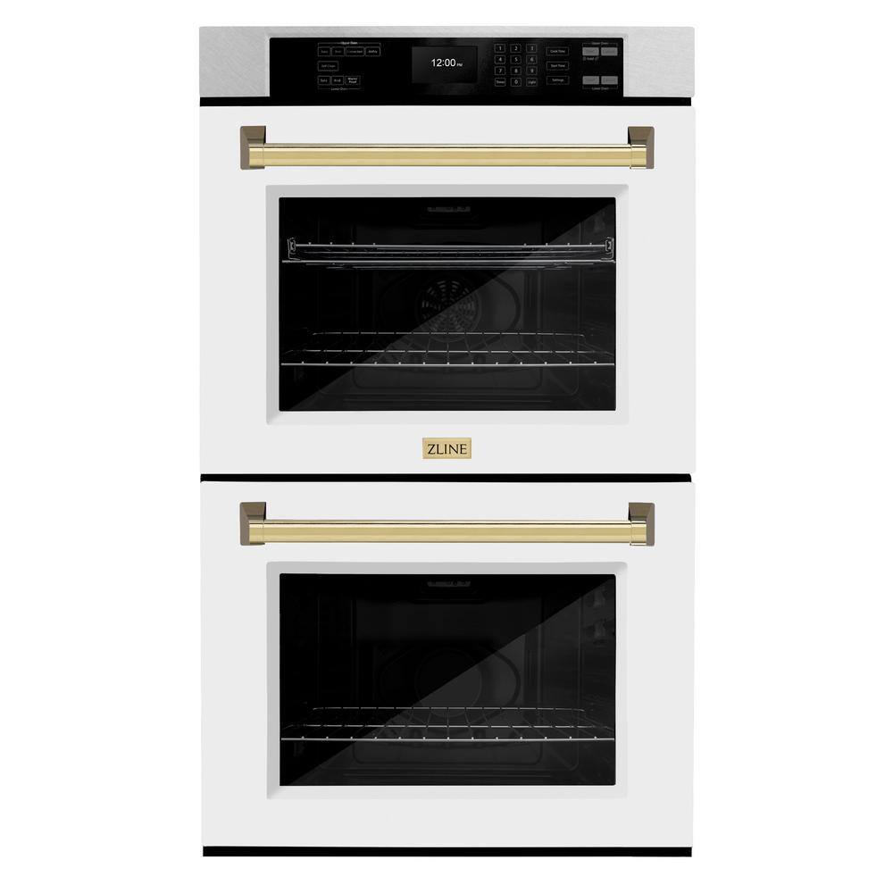 ZLINE Kitchen and Bath Autograph Edition 30 in. Double Wall Oven in DuraSnow Stainless Steel with White Matte Doors and Polished Gold Handles