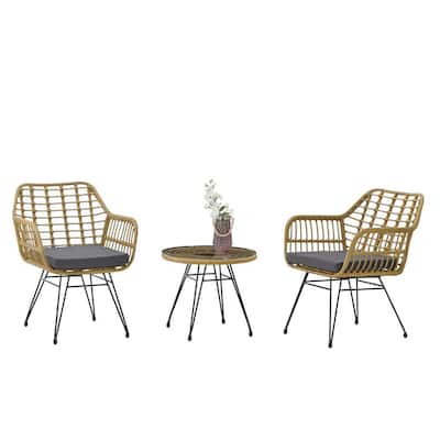 Yellow 3-Piece Wicker Metal Round Outdoor Dining Set with Gray Cushions