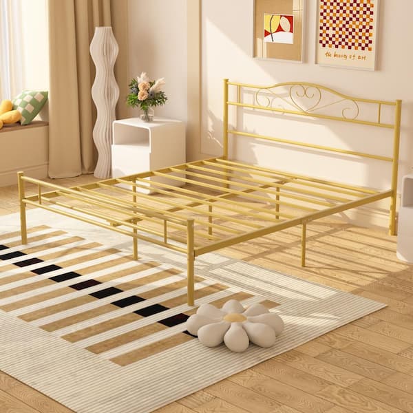 Queen Bed Frame Gold Platform Bed No Box Spring Needed Heavy Duty Steel Slats Support Bed
