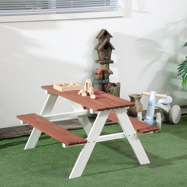 Oyezvary 35 in. Brown Rectangle Wood Kids Picnic Table and Bench Set, Seats 4-People for Aged 3-8 Years Old without Umbrella Hole
