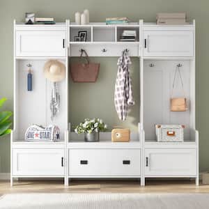 78.8 in. 4-in-1 Multiple Functions White Hallway Coat Rack Entryway Bench Hall Tree with 7 Metal Hooks, Storage Drawer