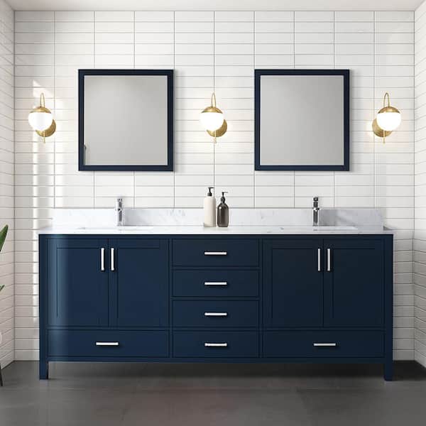 Lexora Jacques 80 in. W x 22 in. D Navy Blue Double Freestanding Bath Vanity with Carrara Marble Top and 30 in. Mirrors