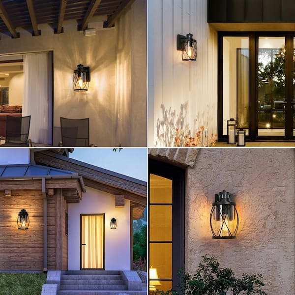 Uolfin Modern Black Drum Outdoor Wall Light TORA 1-Light Sensor Wall Lantern Sconce with Clear Glass (2-Pack) 628L8JYJMYB746D - The Home