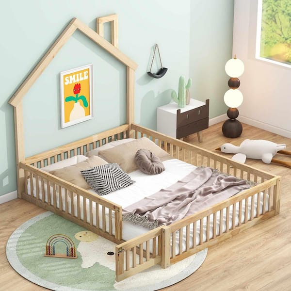 Natural Wood Frame Full Size Platform Bed with Guardrail