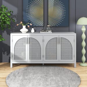 58.1 in. W Gray Large Storage Space Sideboard with Artificial Rattan Door and Metal Handles for Living Room
