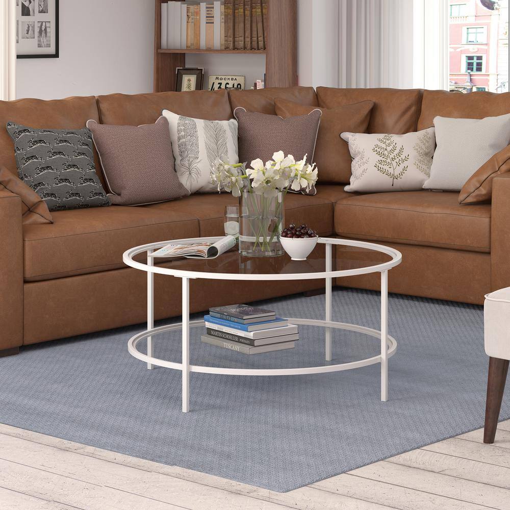 White Round Glass Coffee Table with Shelf