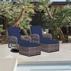 4-Piece Navy Patio Wicker Bistro Furniture Set with 2 Cushioned Swivel Outdoor Rocking Chair with Cushion and 2 Ottomans