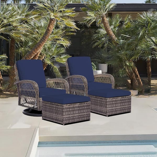 JEAREY 4-Piece Navy Patio Wicker Bistro Furniture Set with 2 Cushioned Swivel Outdoor Rocking Chair with Cushion and 2 Ottomans