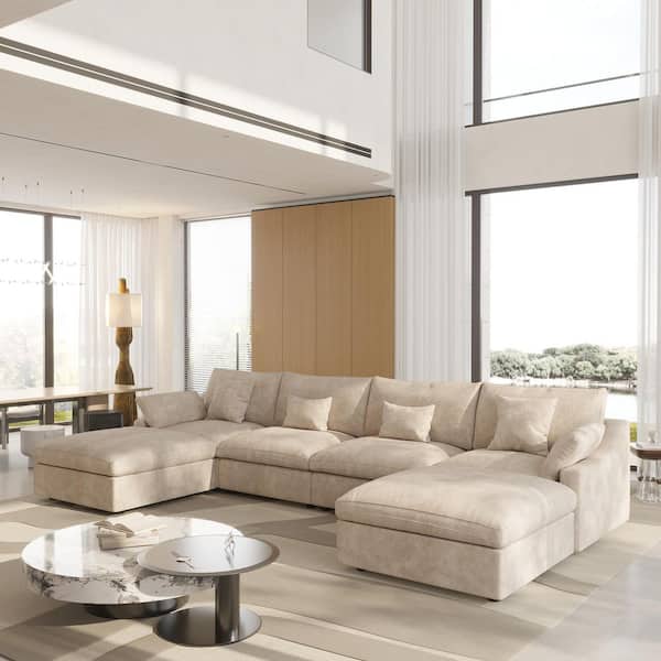 155.9 in. Slope Arm 6-Piece Linen Deep Seat U-Shaped Free Combination Sectional Sofa with Removable Covers in. Brown