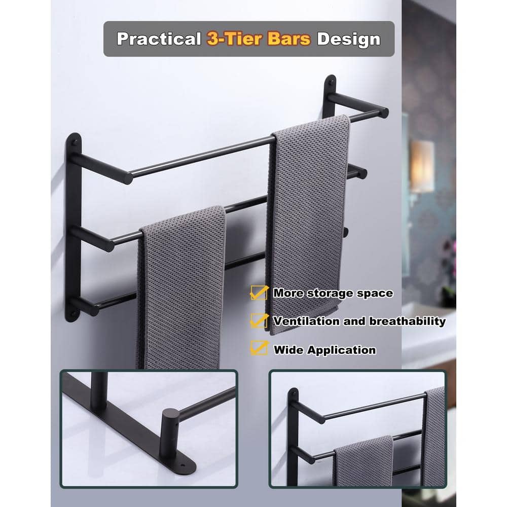 24 Inch Matte Black Stainless Steel 3-Tier Wall Mounted Towel Rack