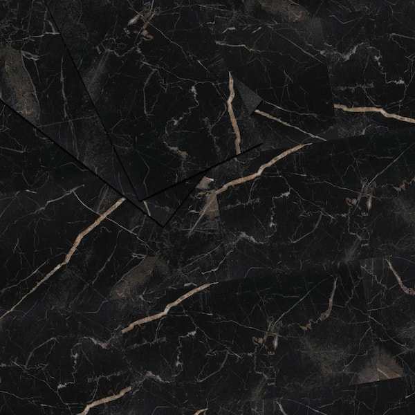 6 MIL x 12 in. W x 24 in. L Peel and Stick Water Resistant Vinyl Tile Flooring, Black Marble (60 sq. ft. /case)