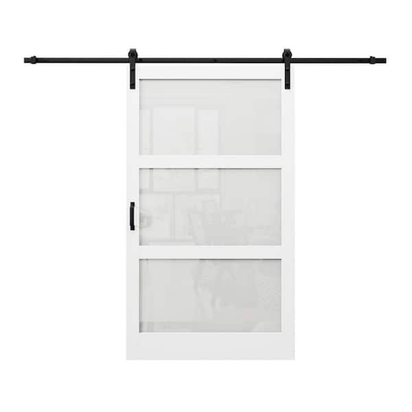 48 in. x 84 in. 3-Lite Tempered Frosted Glass White Primed MDF Sliding Barn Door Slab with Hardware and Soft Close