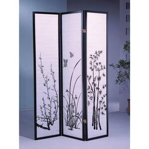 70 in. Solid Black Bamboo Floral 3-Panel Room Divider