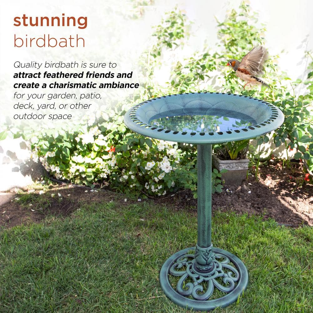 Green Plastic Scrollwork Bird Bath with Stand