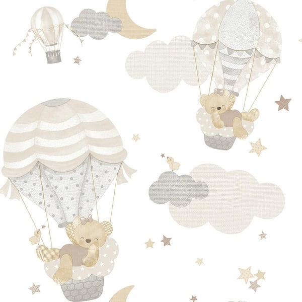 Little Explorers 2-Grey Hot Air Balloons and Bears Matte Finish Non-Pasted Non-Woven Wallpaper Roll