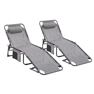 2-Piece Metal Folding Waterproof Outdoor Chaise Lounge with Pillow and Pocket, Ash Grey Seat, Adjustable and Reclining