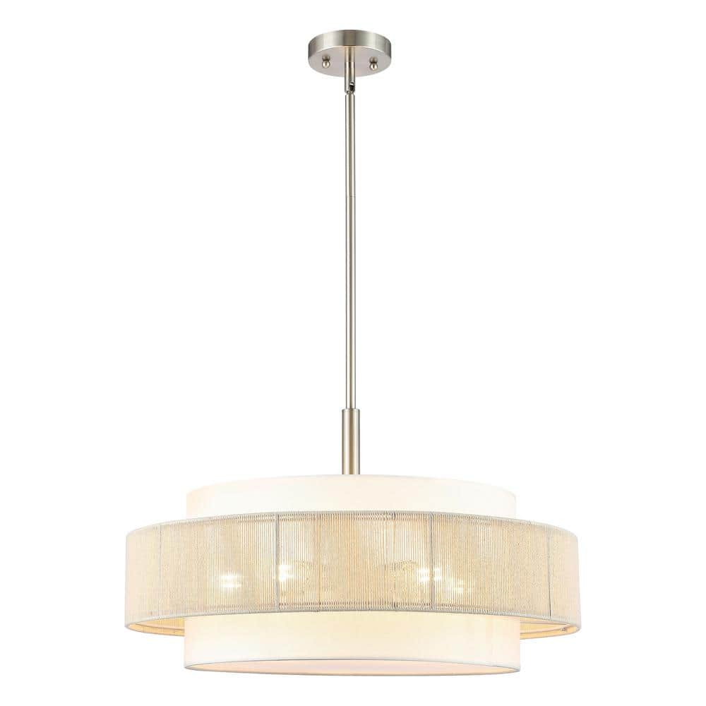52" Brushed Nickel Double Drum Chandelier with Beige Rope Shade