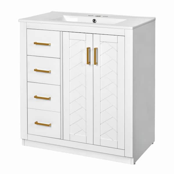 30 in. Single Sink Solid Wood Freestanding White Bath Vanity with White Ceramic Top Unassembled