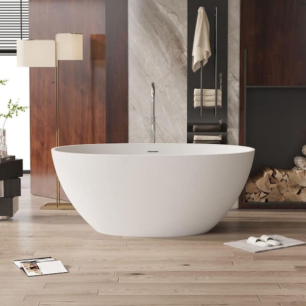 Moray 55 in. x 30 in. Solid Surface Stone Resin Flatbottom Freestanding Soaking Bathtub in Matte White