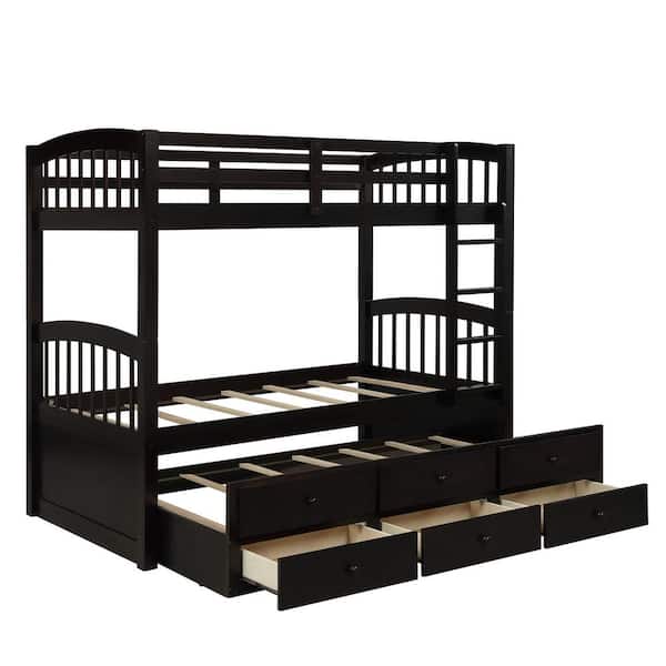 Espresso Twin Over Twin Wooden Bunk Bed with Twin Trundle, Ladder, Safety Rails, 3 Drawers