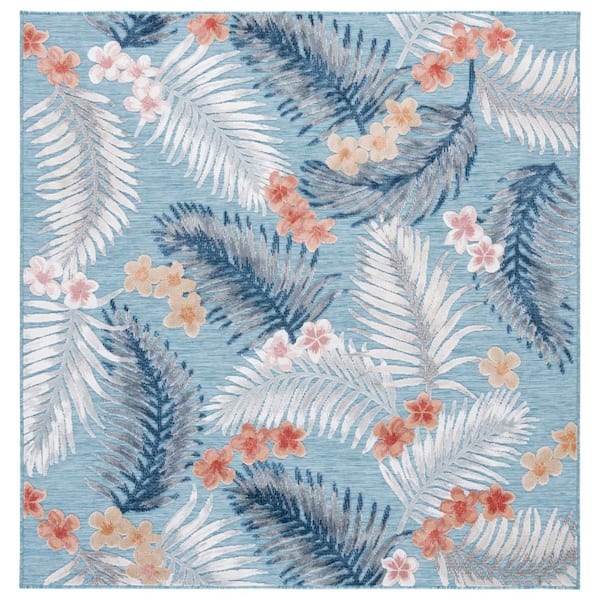 Cabana Aqua/Ivory 6 ft. x 6 ft. High-Low Botanical Floral Indoor/Outdoor Square Area Rug