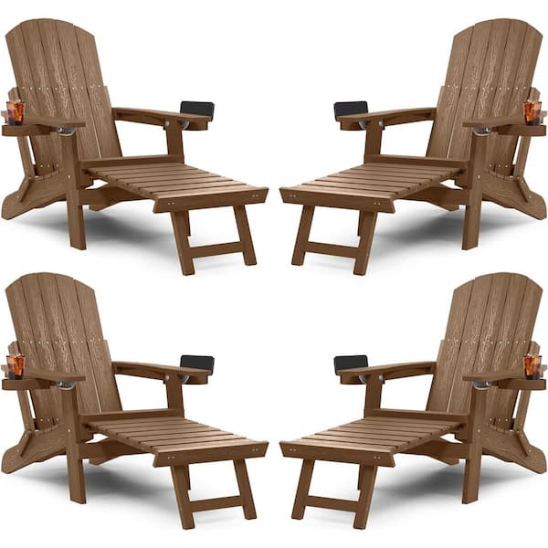 Teak Outdoor Folding Adirondack Chair with Integrated Pullout Ottoman and Cup Holder (4-Pack)